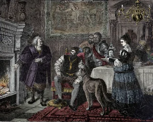 Kaarle V Fuggerin luona - Kaarle V (1500-1558) (Habsburgin Kaarle) saatu pankkiiri Jacob Fugger dit le Richeltä (1459-1525) Augsburgissa (Saksa)