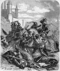 Kaarle Temeraire, Burgundin herttua (1433-1477) Montheryn taistelussa vuonna 1465. Kaiverrus 1800-luvulta.