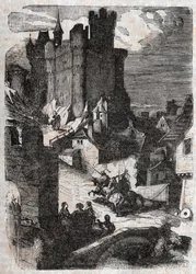 Chateau de Marganor - kaiverrus vuodelta 1851 Ludovico Arioston teoksesta "" Roland furieux"" (1500-luku), joka tunnetaan nimellä Ariosta - Tressanin kreivin italiasta kääntämä painos ja kustantaja Gustave Harvard