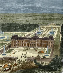 Chateau de Vaux Le Vicomte (Vaux-Le-Vicomte) kuningas Ludvig XIV:n aikaan. Kaiverrus 1800-luvulta.