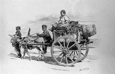 Ihmisten lapset aasin vetämillä kärryillä. Sisilialainen kaiverrus 1800-luvulta