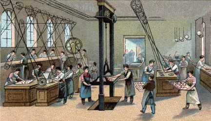 Suklaan valmistus: muovaus. 1800-luvun lopun kromolitografia