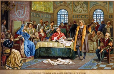 Kristoffer Kolumbus Espanjan Isabellan hovissa, jota kutsutaan katoliseksi tai kastiliaksi. kromolitografia 1800-luvulta.