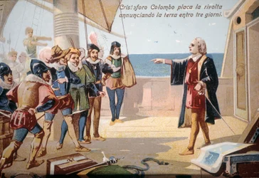 Christopher Columbus pysäytti miehistön kapinan ilmoittamalla maasta kolmessa päivässä. kromolitografia 1800-luvulla.