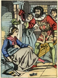 Cinderella kokeilee prinssin löytämää lasikenkää. Kuvitus Charles Perraultin tarinasta "Cinderella or La petite slipper de verre"
