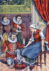 Cinderella kokeilee tohvelia. Anonyymi kuvitus "" Cinderella "", tarina Charles Perrault (1628-1703), ranskalainen kirjailija. Kuva Marcel Vagne, Jarville Nancy, päivätty (1800-luvun loppu).