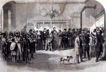Sisällissota (1861-1865), Amerikan sisällissota. Asevelvollisuuden vastaiset kylkiluut vapautustoimistojen edessä. New York.