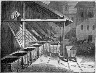 Hiilikaivos: kaivoksesta louhittu kivihiili lastataan kärryihin kohti valimoita, junia ja laivoja. "" Maalauksellisessa kaupassa"" 1835