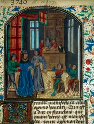 Kolikoiden lyöminen keskiajalla. Miniatyyri Nicolas Oresmen (1320-1382) luonnoksesta. 1500-luku eaa. Pariisi