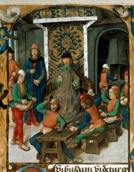Kolikoiden lyöminen keskiajalla. Miniatyyri Nicolas Oresmen (1320-1382) valuuttaluonnoksesta (todennäköisesti De Moneta). 1300-luku B.N. Pariisi