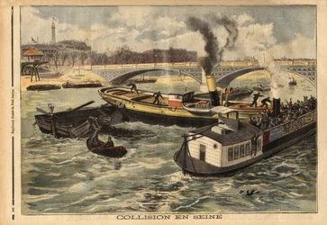 Törmäys Seine-joella englantilaisen höyrylaivan ja Pariisin omnibus-penichen välillä kuninkaallisen sillan korkeudella. Kaiverrus "" Le petit Journal" -lehdessä 7/02/1897. Selva Collection.