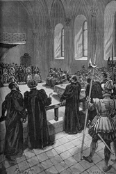 Poissyn kollokviumi (1561). Sveitsiläisen kalvinistin Theodore de Bezen (1519-1605) puhe (keskellä, takana), protestanttisen valtuuskunnan johtaja.