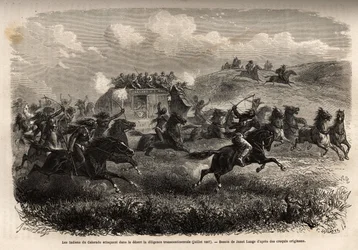 Coloradon intiaanit hyökkäävät mannertenvälistä ahkeruutta vastaan ​​autiomaassa heinäkuussa 1867. Kaiverrus havainnollistamaan matkaa Amerikan kaukaa länteen, M. L. Simonin, vuonna 1867, julkaistu "Le tour du monde, nouveau journal des voyages" -julkaisus