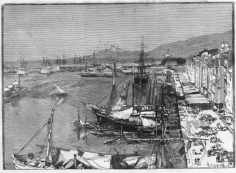 Kaupallinen alus ja arsenaali Toulonin satamassa (Var), Ranska. Kaiverrus "" Le Monde Illustré" -kirjassa