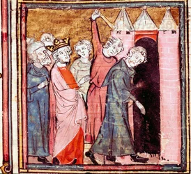 Salaliitto Ludvig hurskasta (778-840) lännen keisaria vastaan, hänen poikansa Lothaire määräsi hänelle julkisen katumuksen Saint Medard de Soissonsin luostarissa vuonna 833 Pienoiskuva "" Grandes Chronicles de Francesta"" 1375-1379 kaupunginkirjastosta , C