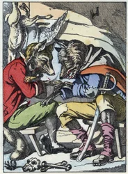 Suden ja ketun keskustelu. Kuva tarinasta "Compere le Loup, Maitre Renard, Comere la Chevre et ses petits biquets" Jean de la Fontainen tarun mukaan. "" Tarinoita kodista pienimmille"". Anonyymi kaiverrus