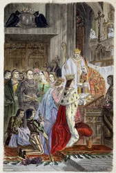 Keisari Otto I:n (912-973) kruunaus paavi Johannes XII:n toimesta vuonna 962 - Maurice La Châtren teoksessa "Histoire des papes"