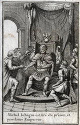 Amorionilaisen Mikael II:n (Änkyttäjän) (770-829) kruunaaminen Bysantin keisariksi sen jälkeen, kun hänet vapautettiin vankilasta vuonna 820. Hän on amorionilaisen dynastian perustaja. Teoksessa ”Myöhäisen keisarikunnan historian kauneudet”, toimittanut