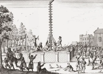 Johan ja Cornelis de Wittin ruumiit roikkuvat hirsipuussa.