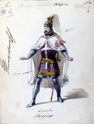 Giuseppe Verdin (1813 - 1901) vuonna 1843 säveltämä puku oopperaan "I Lombardi" tai "Les Lombards à la première Crusade". Nimetön akvarellipiirros. Alvino-hahmo esitykseen Scalassa Milanossa.