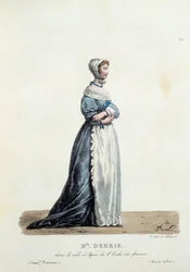 Neiti Debrien puku Agnes of Molieren "Naisten koulu" roolissa vuonna 1680. Hippolyte Lecomten (1781-1857) ranskalaisen komedian asu. Kaiverrus 1800-luvulta. Coll. Mennään.