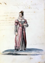 Syrakusan aateliston nuoren naisen puku Gironin piirroksia Gioacchino Rossinin oopperaan "Tancredi" (Tancrede). 1813