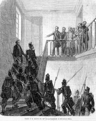 Vallankaappaus: kansanedustajien pidätys Pariisin 10. kaupunginosan kaupungintalolla 2. joulukuuta 1851.