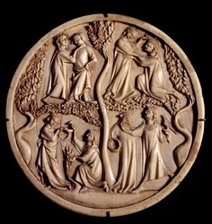 Kohteliaat rakkauskohtaukset. Ivory peililaatikon venttiilit. 1300-luvun alku. Himmeä. 11 cm. Pariisi, Louvre-museo