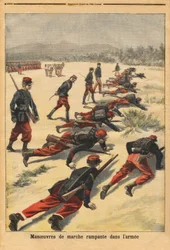 Hiipiviä kävelyliikkeitä armeijassa, kokeiluja uusilla tamponirannekkeilla, jotka suojaavat kämmentä. Kaiverrus "" Le petit Journal" -lehdessä 16.8.1896. Selvan kokoelma.