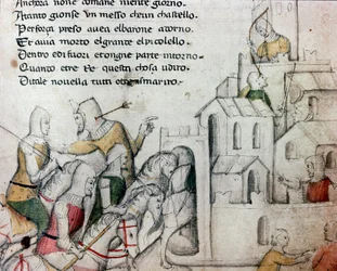 Ristiretkeläiset hyökkäävät maurilaiseen linnoitukseen. Kuvitus toscanalaiseen runoon ”Febusso e Breusso”. Käsikirjoitus MS.B.R.45. 1400-luku. Firenze, Biblioteca Nazionale