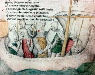 Ristiretkeläisiä veneessä. Kuvitus toscanalaiseen runoon ”Febusso e Breusso”. Käsikirjoitus MS.B.R.45. 1400-luku. Firenze, Biblioteca Nazionale