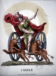 Cybele, jumaluus, joka persoonallistaa luonnon lisääntymisvoimaa - teoksessa "" Dizionario mitologico"", kaiverrus 1800-luvulta Tintoretton maalauksen, Bibl. di Brera, Milano.
