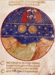 Dante ja Beatrice katsovat taivaasta, maasta ja tähdistä. Valaistu sivu, joka havainnollistaa Paratiisin laulua Dante Alighierin (1265-1321) "Divina Commediasta". 1300-luku, Venetsia, Biblioteca Marciana