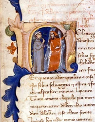 Dante ja Virgil helvetin sisäänkäynnillä. (lettrine "" N "") Incipit of Hell of a Divina Commedia (jumalallinen komedia) 1300-luvun Milanossa, Trivulzian kirjasto. (Keskellä elämämme matkaa...)