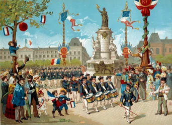 Koulupataljoonien lasten paraati Place de la Républiquella Pariisissa 14.07.1883. 1800-luvun litografia. Pariisi, Musée Carnavalet