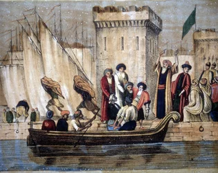 Maurien lähtö Algerista Ranskan siirtomaavallan alettua. Vanha tai sairas mies nostetaan veneeseen. 1800-luku