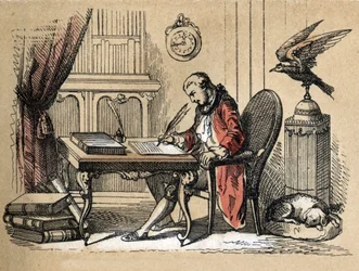 Kuvaus eri tuotteista ja paperin käyttötavoista: muotokuva Georges Louis Leclercistä, Buffonin kreivistä, luonnontieteilijästä ja kirjailijasta (1707-1788), joka kirjoittaa Natural Historyaan. Levy "" Le papier et ses produits"" in "" les Recreations instr