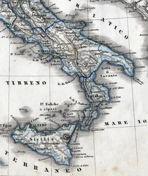 Yksityiskohta Etelä-Italiaa esittävästä maantieteellisestä kartasta (Campanian, Calabrian, Sisilian, Apulian, Molisen ja Abruzzon alueet). 19. vuosisata
