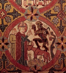 Yksityiskohta kirjontatyöstä, joka esittää pyhän Martinuksen kiusausta. Islantilainen kuvakudos. 1390-1403. Pariisi, Kansallinen keskiajan museo, Thermes de Cluny