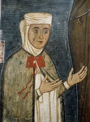 Hurskas Saramalyna Anastasia 1300-luvun vaatteissa, fresko Asinoun Neitsyt Marian Bysantin kirkossa (1200-luku) (Unescon maailmanperintöluettelo, 2001), Troodos-vuoristo, Kypros.