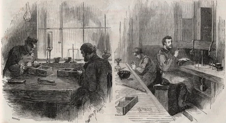 Timanttileikkaus työpajassa Alankomaissa: halkaisukoneet ja kiillotuskoneet - Kaiverrus ”” Le Monde Illustré””
