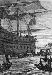 Discovery des Indes: Wallisin matka Tyynellämerellä; Alkuperäiset ihmiset tapaavat kaksoispisteitä - Jules Vernen julkaisussa Les Voyageurs du 18eme et 19eme ecle, toim. Hetzel et Cie, Pariisi.