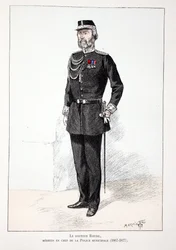 Tohtori Roudil, kunnanpoliisin ylilääkäri (1867-1877). Etsaus väreillä, havainnollistava "" History of the Corps of Peacekeepers"" -kirja, jonka on julkaissut Louis Lepinen (1846-1933) Seinen poliisin prefekti, A.
