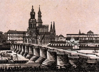 Dresden, Saksa: näkymä Augustus-sillalle Dresdenissä. kirjassa "" Maailma havainnollistaa 168 näkymää"" Päiväämätön (1800-luvun loppu)