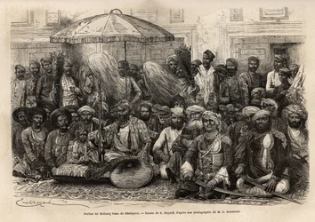 Durbar (ruhtinasvaltion feodaalinen ja oikeudellinen neuvosto) Maharaja Ranassa, Dholeporen valtakunnassa (Rajasthan). Kaiverrus l
