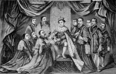 Edward VI (1547-1553), Englannin kuningas, myönsi etuoikeuden allekirjoittamalla peruskirjan Bridewellille - Hans Holbeinin mukaan.