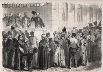 Keisari Napoleon III (1808-1873) Strauss a Vichyn huvilan terassilla, maaseudun ihmiset tervehtivät sunnuntaina 7. heinäkuuta 1861 - Kaiverrus "" The Illustrous World""