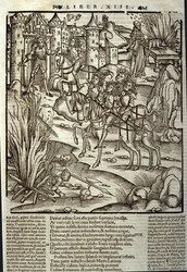Eneide de Virgil (70 eKr.-19 eKr.), kirja XIII (supplementum), troijalainen sankari Enee ottaa vastaan latinalaiset, uhrataan sodan uhrien kunniaksi. Ksylografia Sebastian Brant (1458-1521). Strasbourg