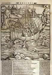 Eneide de Virgil (70 eKr.-19 eKr.), Troijan sankari Enee ja hänen toverinsa ylittävät meren, joka on täynnä sireeniä. Ksylografia Sebastian Brant (1458-1521). Strasbourg