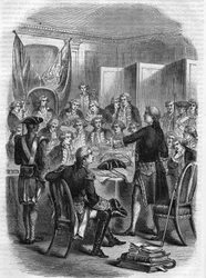 Englantilainen amiraali Augustus Keppel ennen sotaneuvostoa OUESANTIN MERISTAISTELMAN jälkeen (100 merimailia saaresta länteen, Amerikan vapaussodan aikana) 27. heinäkuuta 1778.